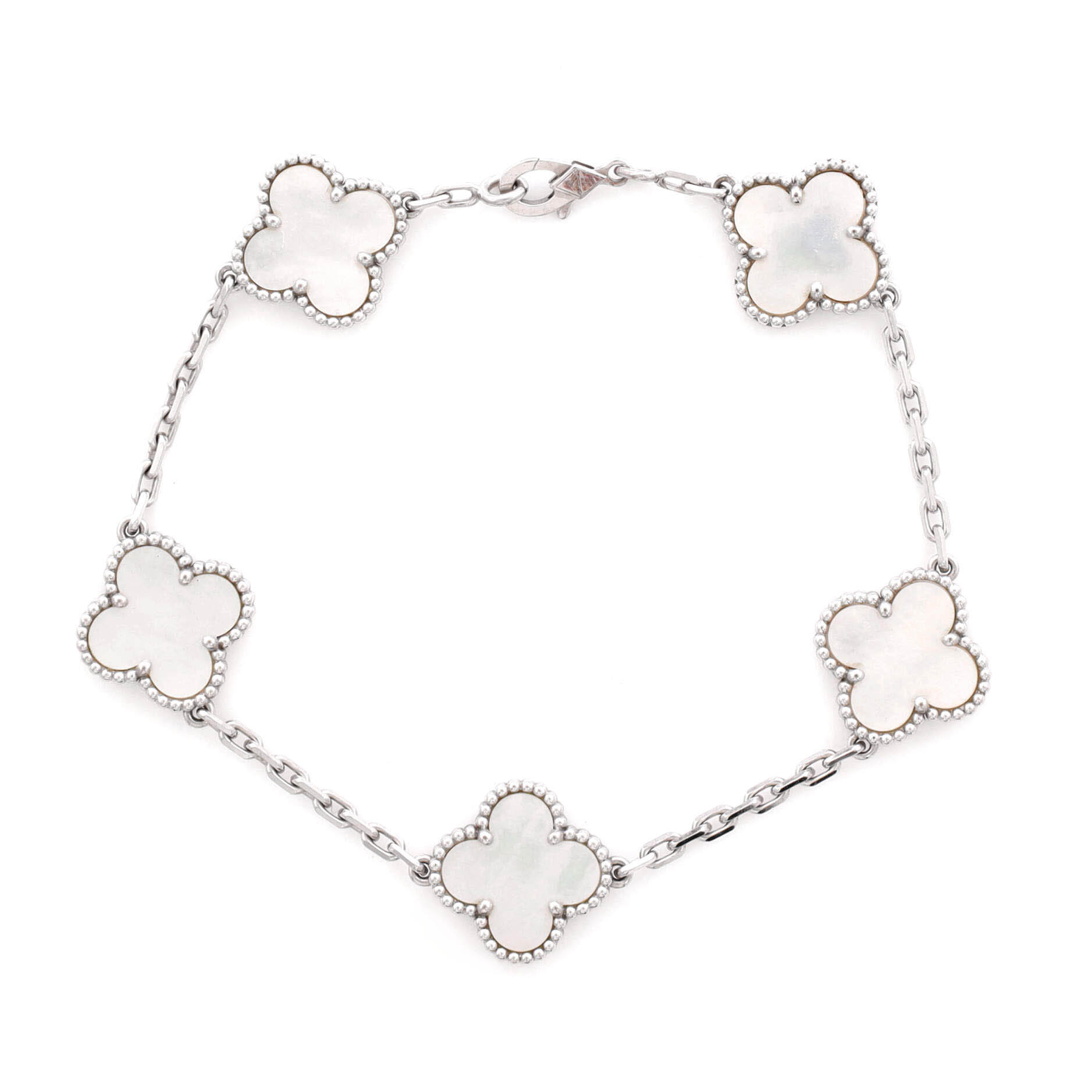 Vintage Alhambra 5 Motifs Bracelet 18K White Gold and Mother of Pearl