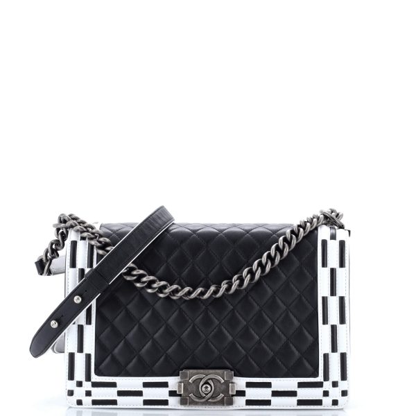 Checkerboard Trim Boy Flap Bag Quilted Calfskin New Medium