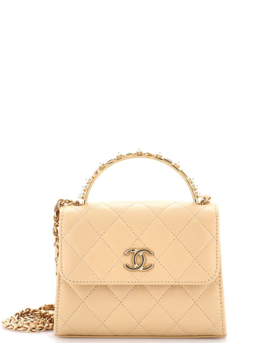 Logo and Pearl Top Handle Clutch with Chain Quilted Lambskin Small
