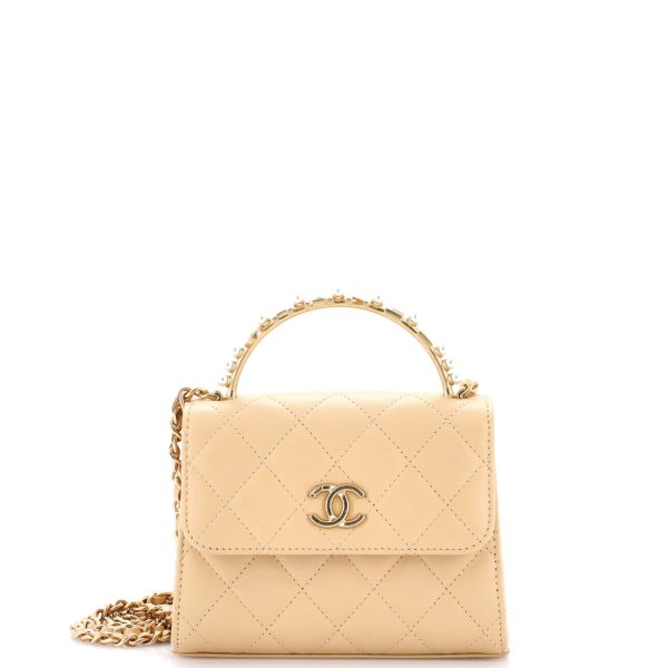 Logo and Pearl Top Handle Clutch with Chain Quilted Lambskin Small