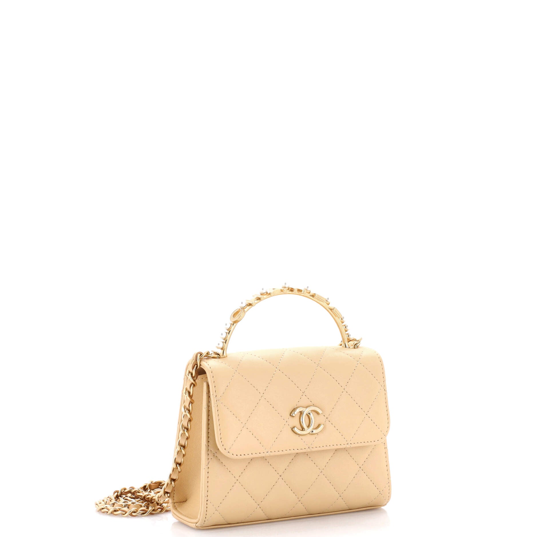 Logo and Pearl Top Handle Clutch with Chain Quilted Lambskin Small - Image 2