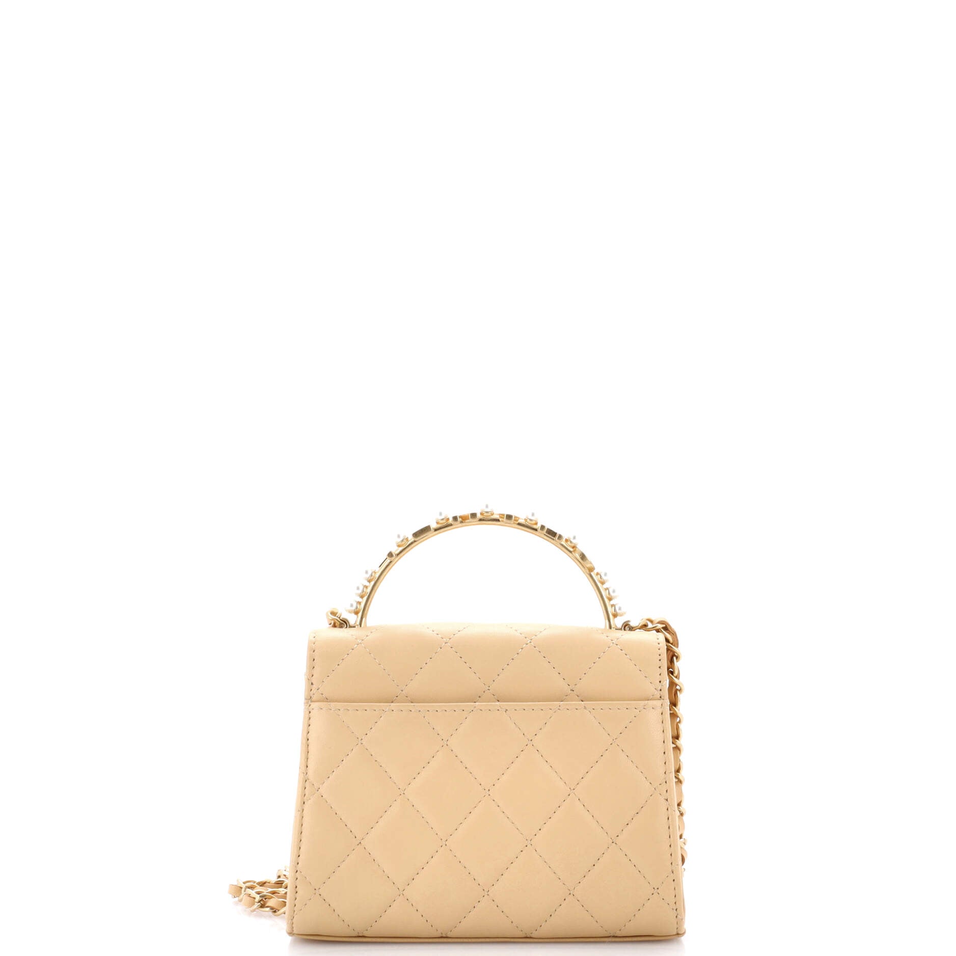Logo and Pearl Top Handle Clutch with Chain Quilted Lambskin Small - Image 3