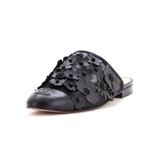 Women's Camellia CC Cap Toe Mules Leather and Mesh with Applique