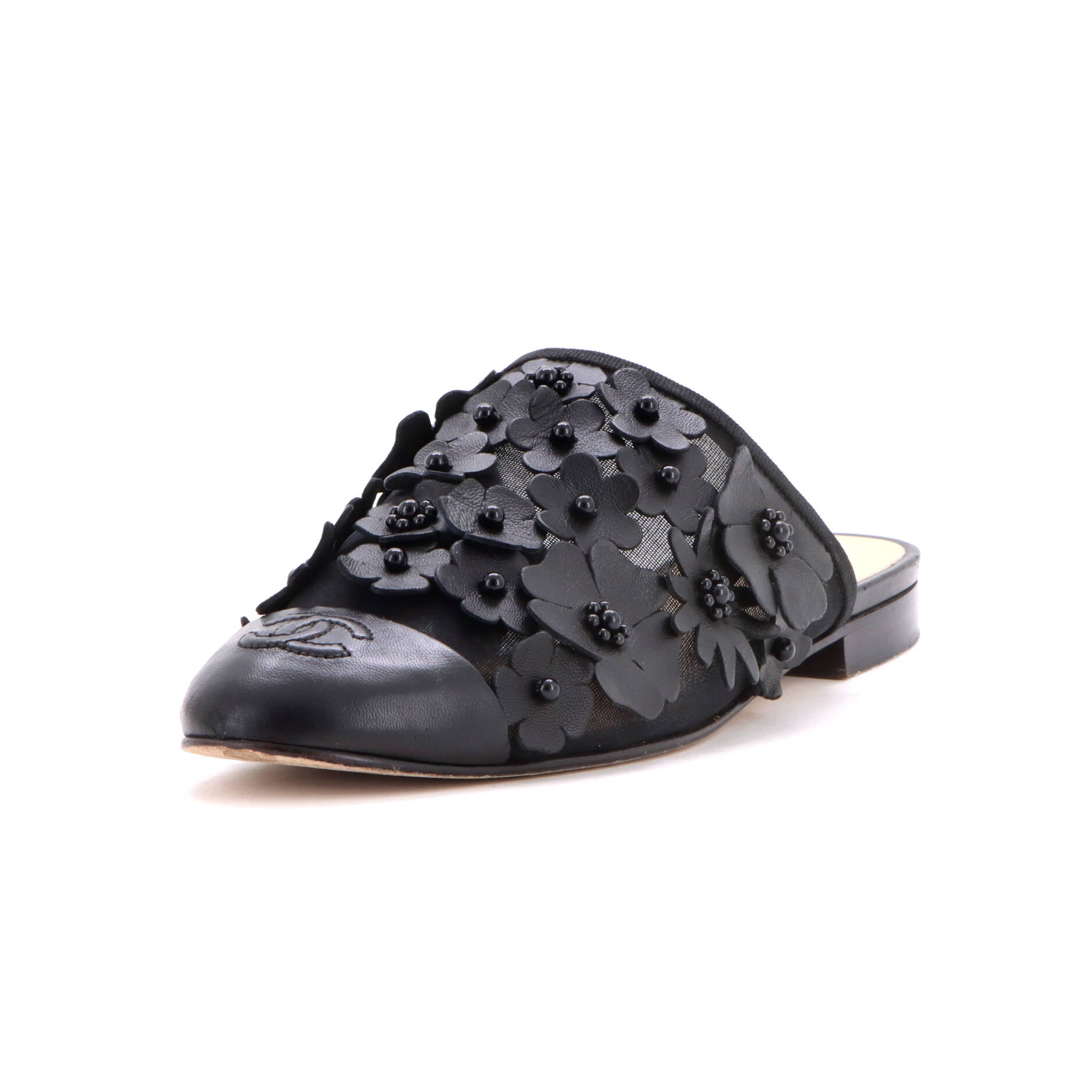 Women's Camellia CC Cap Toe Mules Leather and Mesh with Applique
