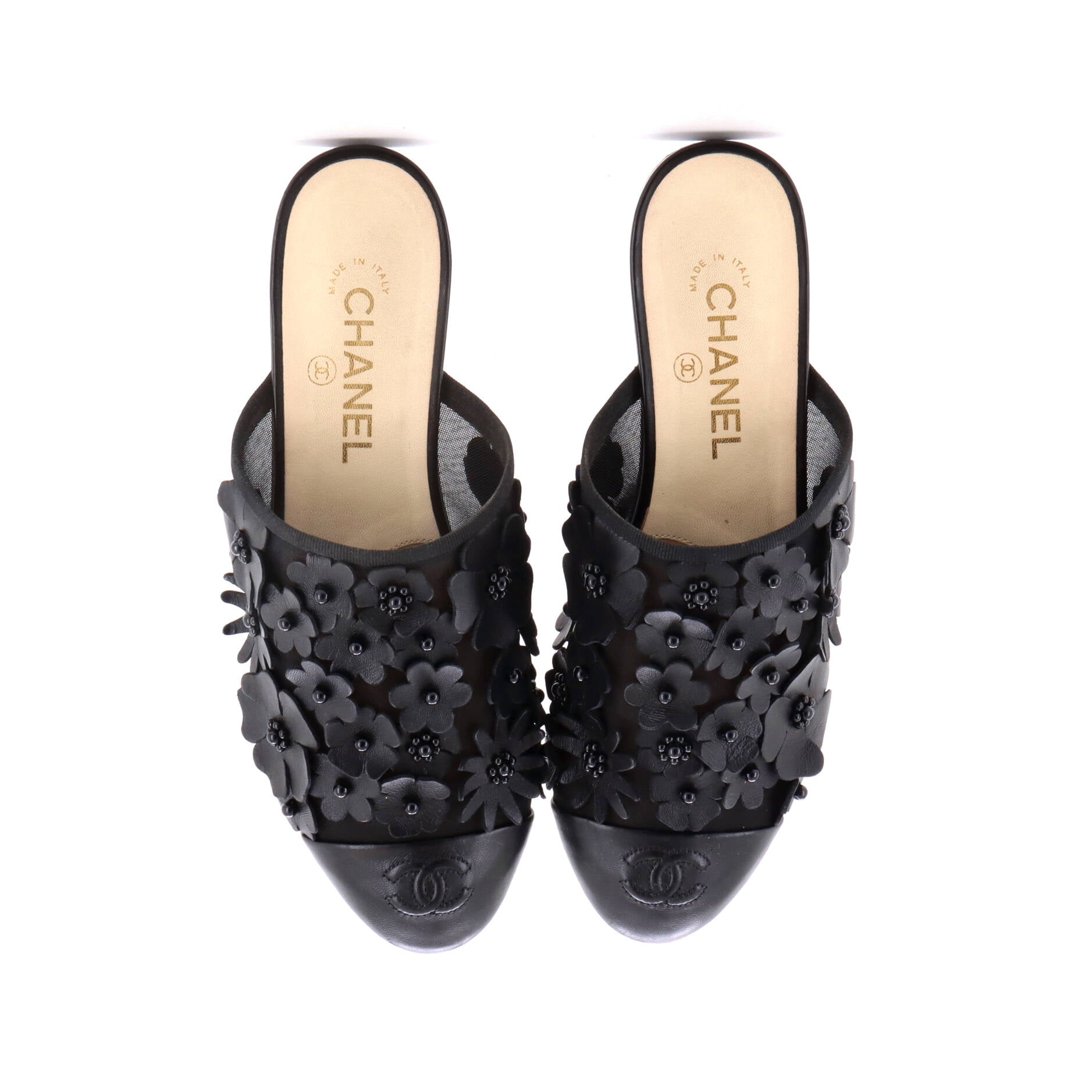 Women's Camellia CC Cap Toe Mules Leather and Mesh with Applique - Image 2
