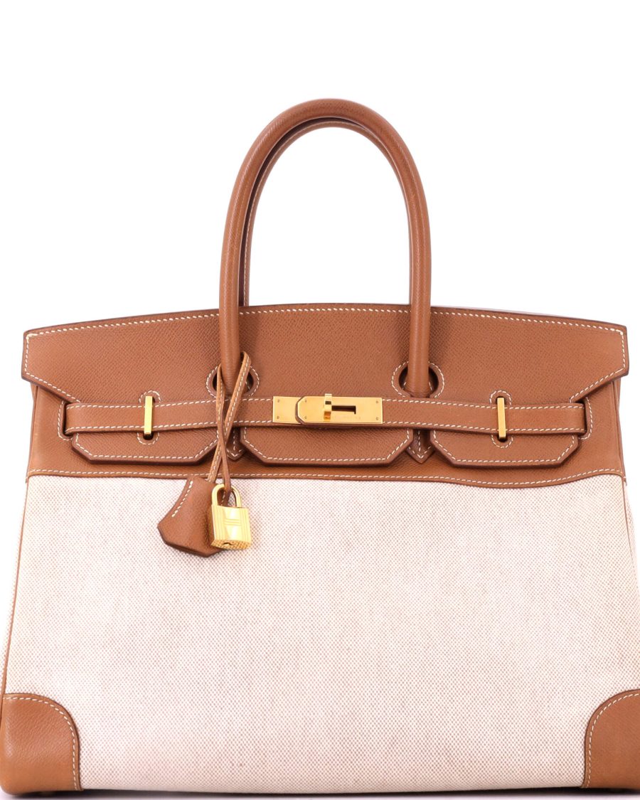 Birkin Handbag Toile and Gold Courchevel with Gold Hardware 35