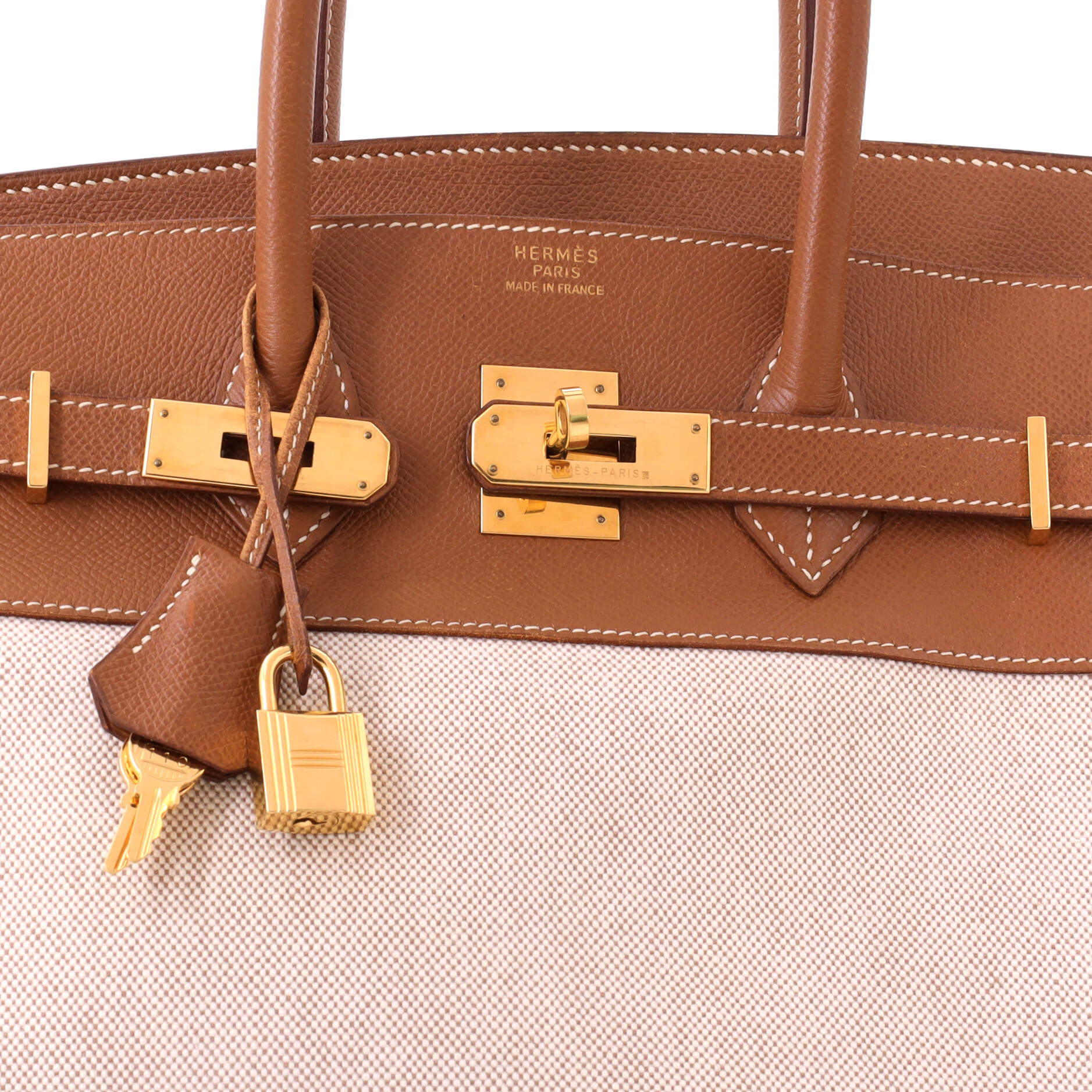 Birkin Handbag Toile and Gold Courchevel with Gold Hardware 35 - Image 7