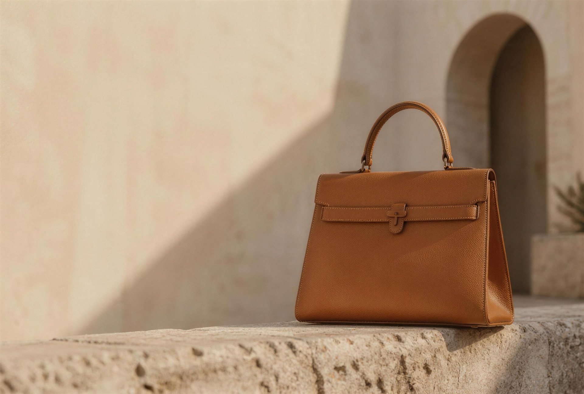 A tan leather top-handle bag resting on a sunlit limestone ledge